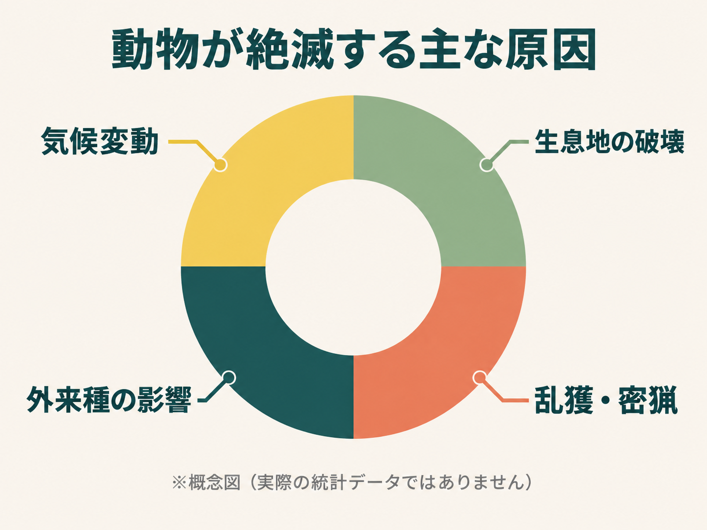 動物が絶滅する主な原因を示した概念図（生息地の破壊・乱獲密猟・外来種の影響・気候変動）