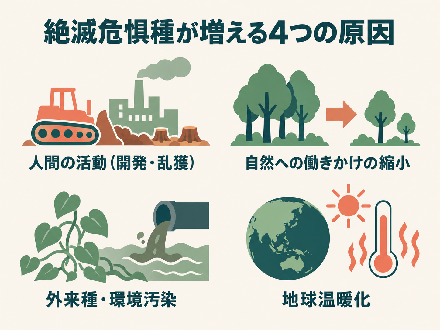 絶滅危惧種が増える4つの原因（人間の活動・自然への働きかけの縮小・外来種や環境汚染・地球温暖化）を示した図解