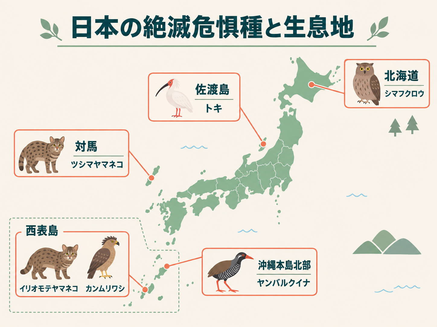 日本地図上に代表的な絶滅危惧種と生息地域を示した図解