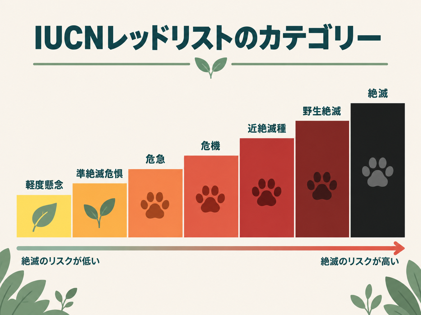 IUCNレッドリストの7段階の絶滅危険度カテゴリーを示した図解
