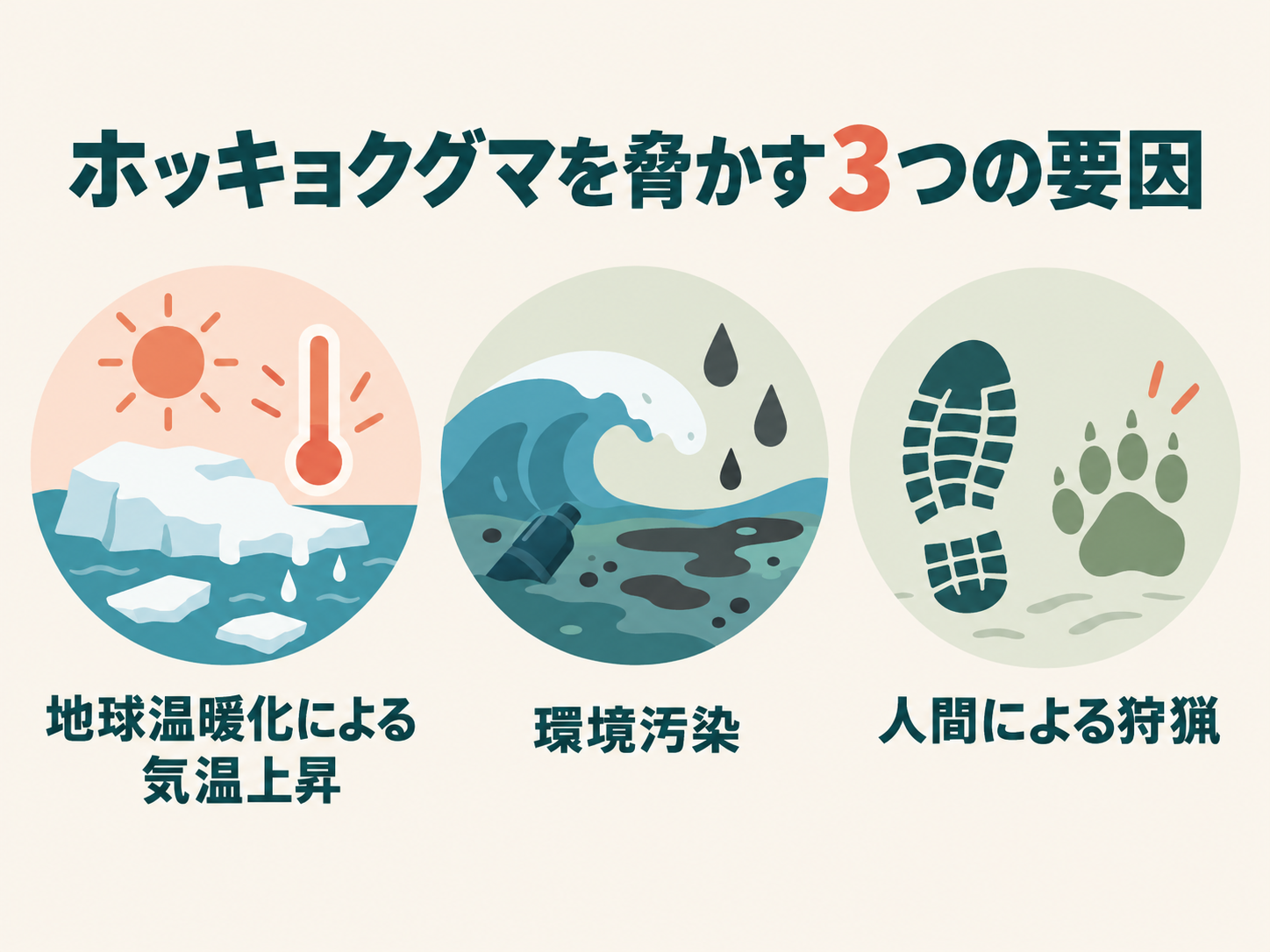 ホッキョクグマが絶滅危惧種になった3つの原因（気温上昇・環境汚染・人間による狩猟）の図解